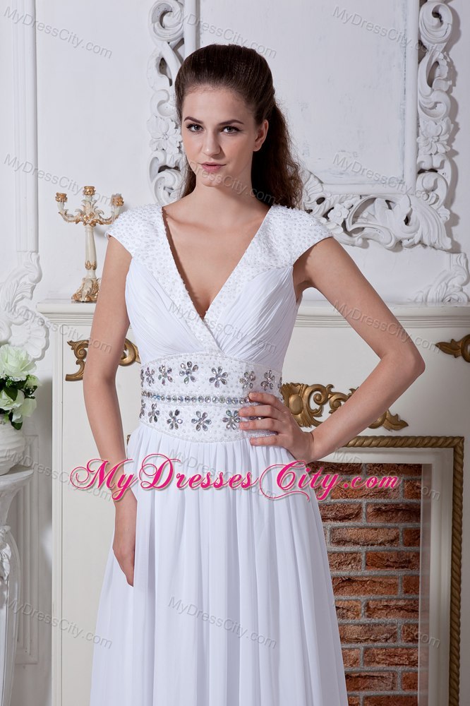 White Empire V-neck Beaded Waist Bridal Dress with Cap Sleeves