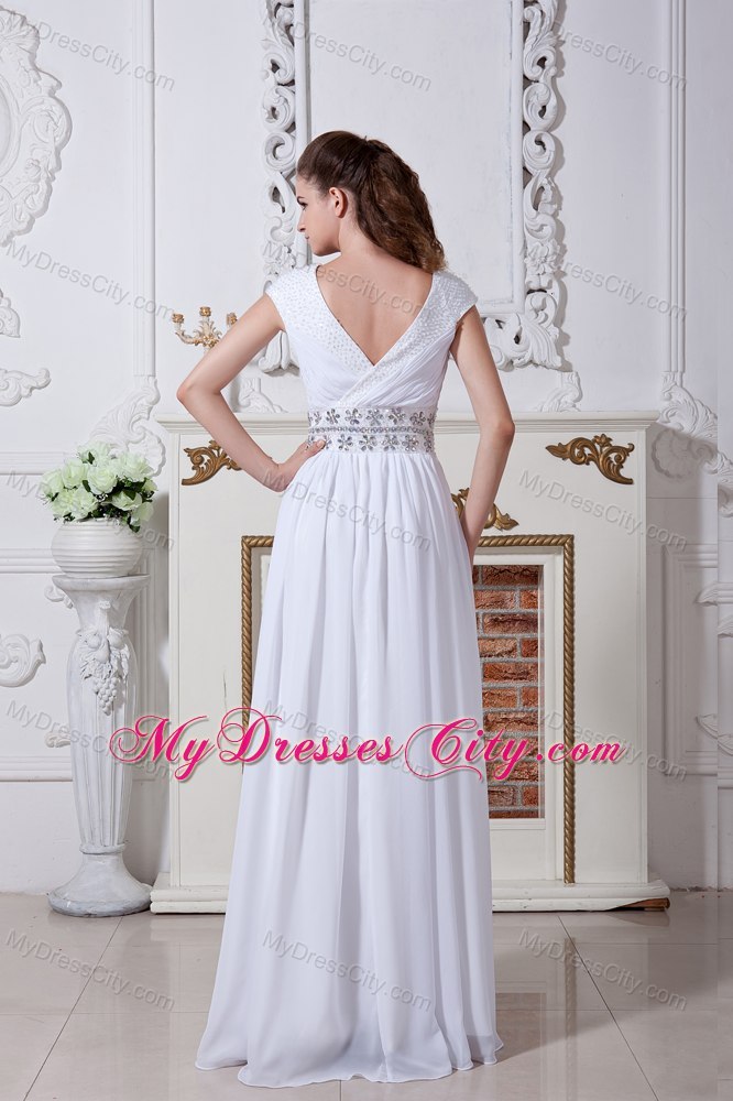 White Empire V-neck Beaded Waist Bridal Dress with Cap Sleeves