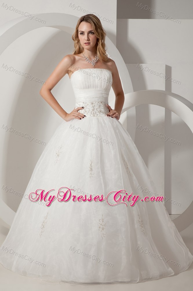 Pretty A-line Strapless Floor-length Embroidery Wedding Dress