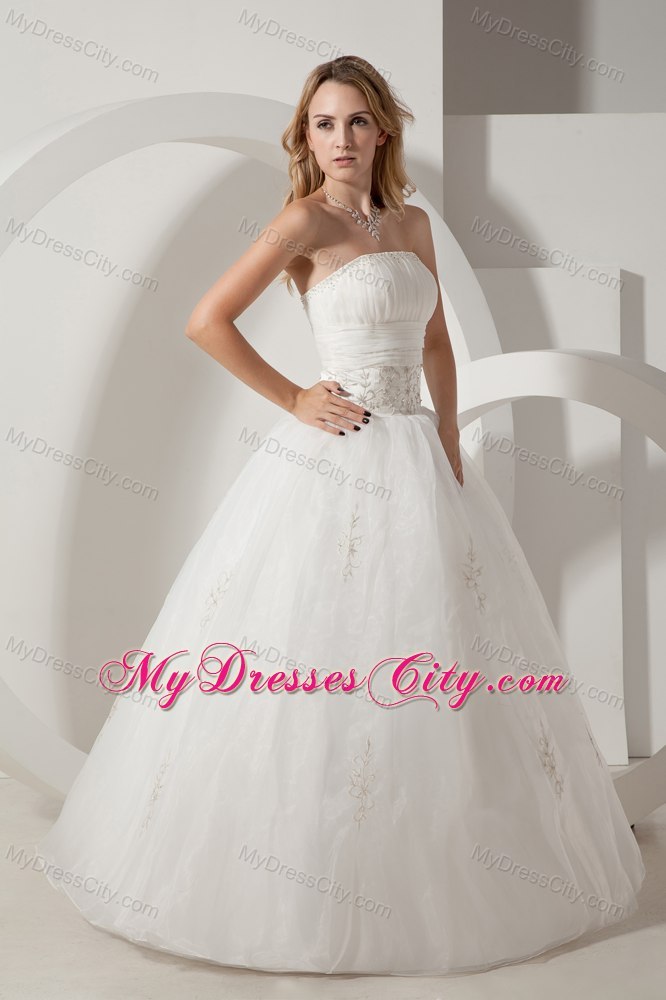 Pretty A-line Strapless Floor-length Embroidery Wedding Dress