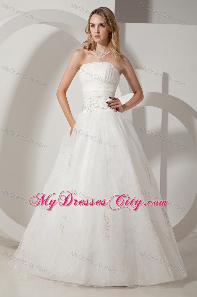 Pretty A-line Strapless Floor-length Embroidery Wedding Dress