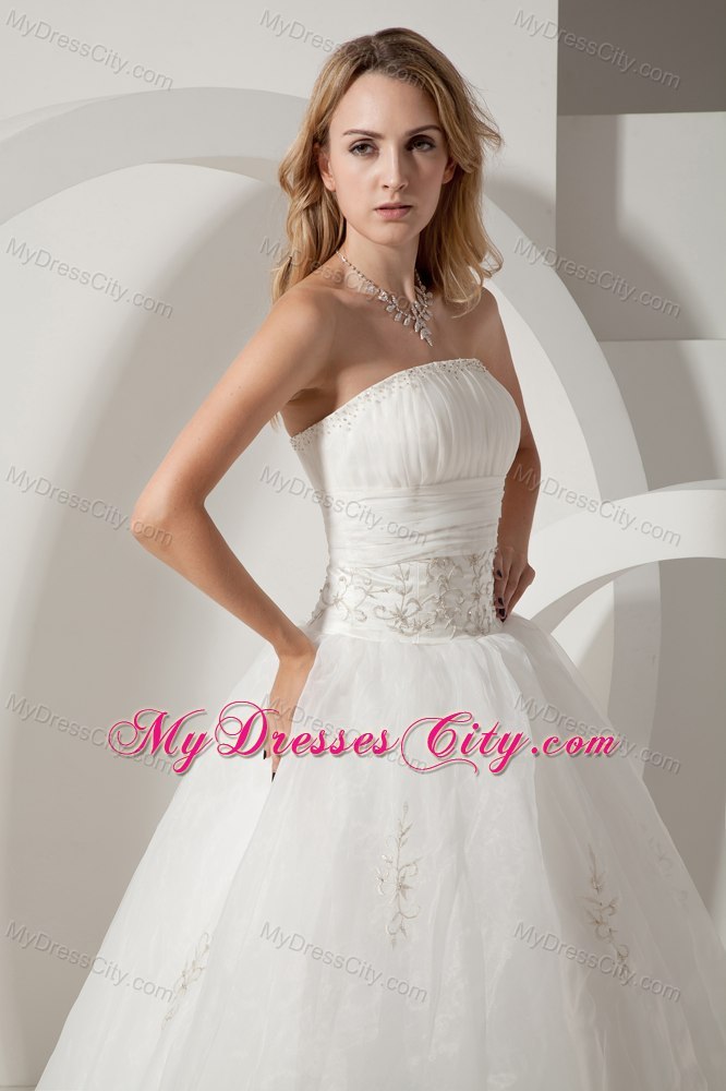 Pretty A-line Strapless Floor-length Embroidery Wedding Dress