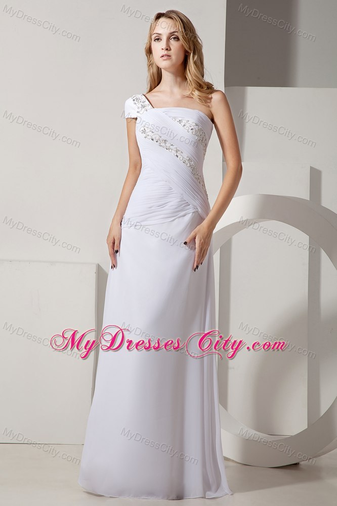 Long Column Single Short Sleeve Ruched and Beaded Bridal Gown