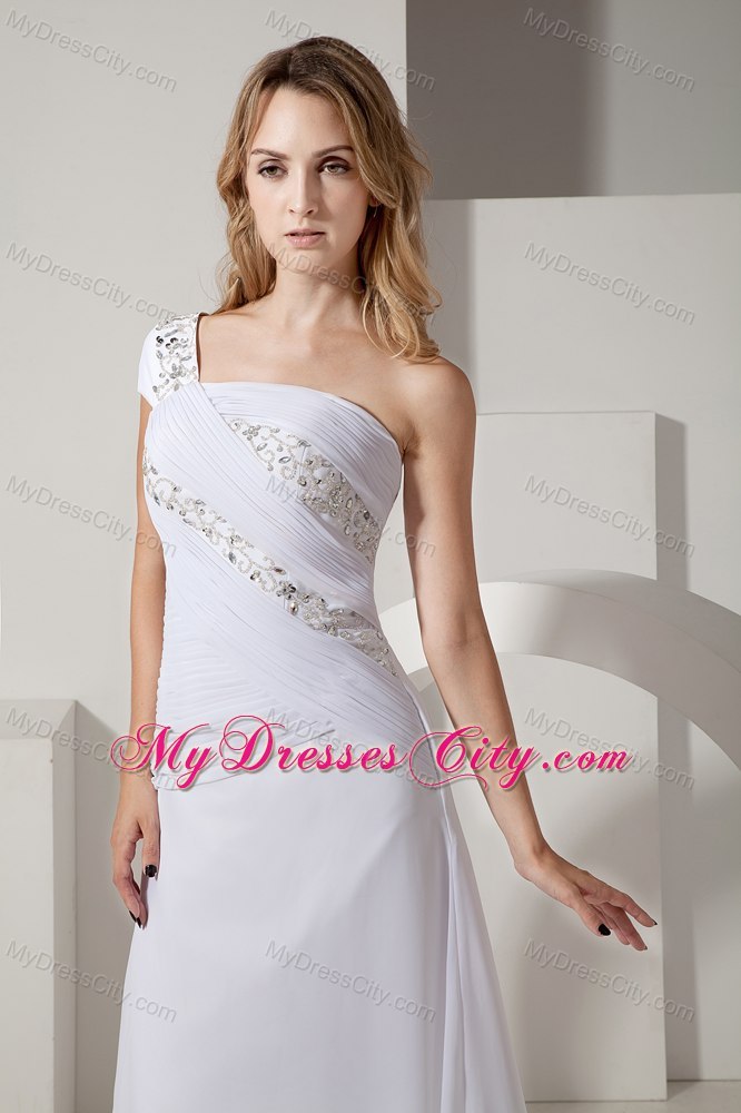 Long Column Single Short Sleeve Ruched and Beaded Bridal Gown