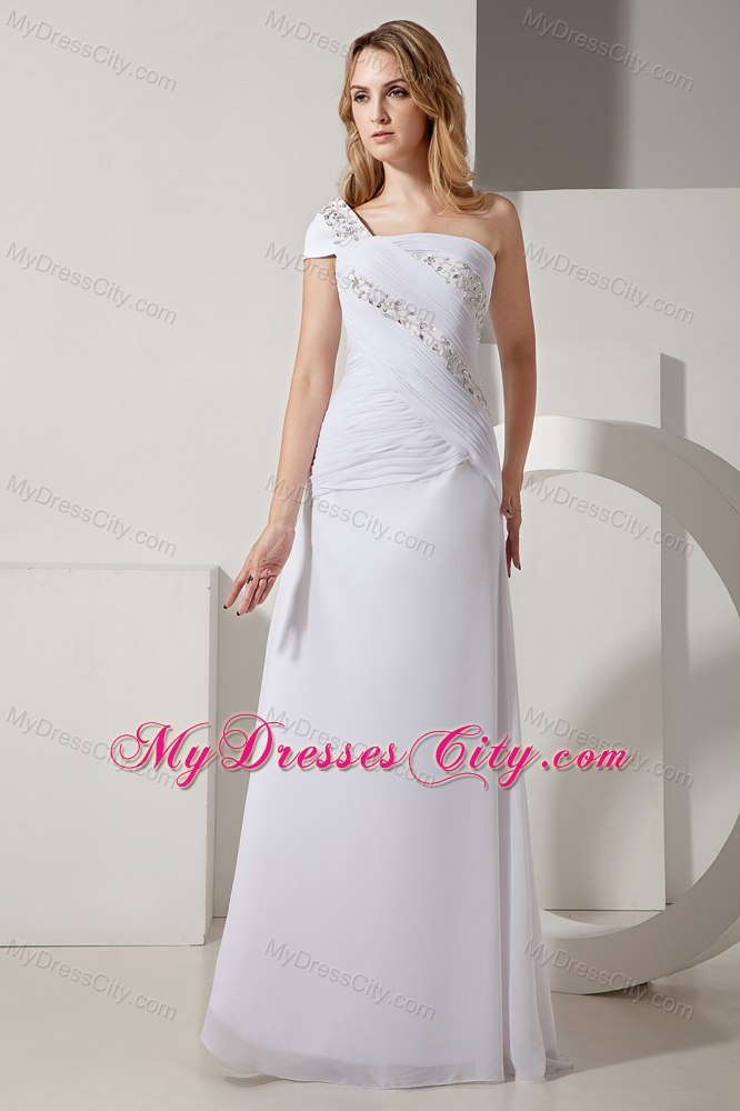 Long Column Single Short Sleeve Ruched and Beaded Bridal Gown