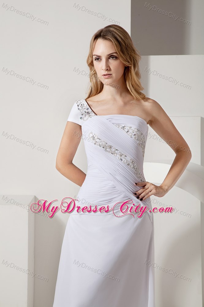 Long Column Single Short Sleeve Ruched and Beaded Bridal Gown