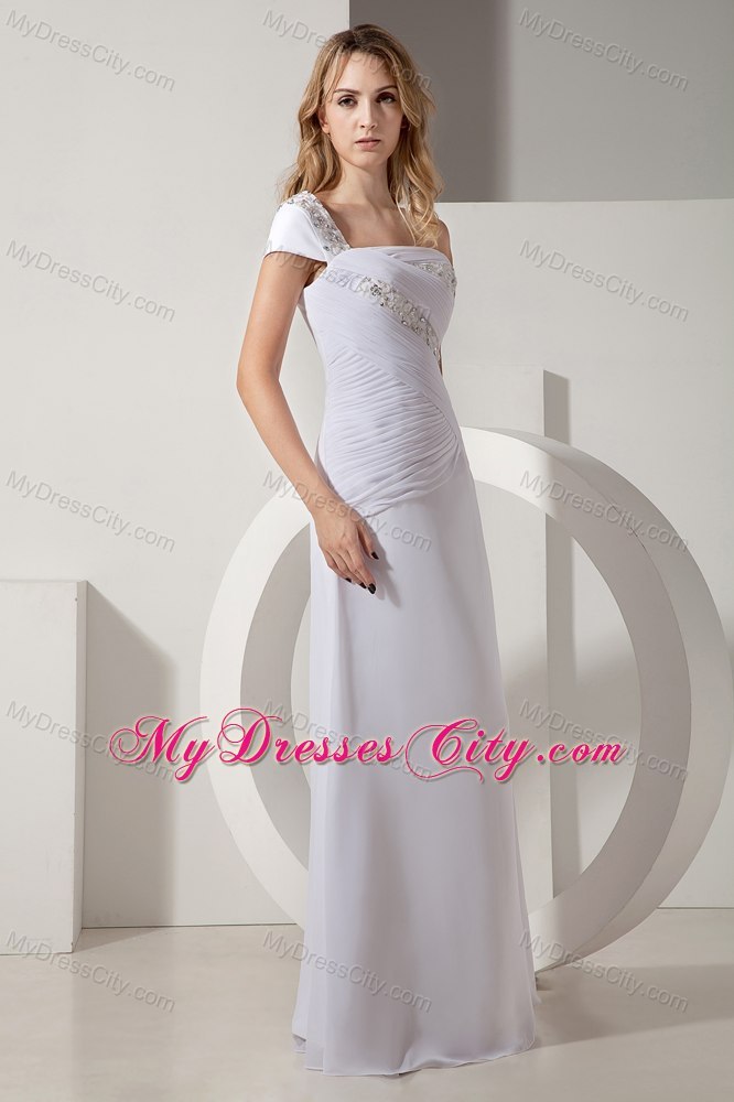 Long Column Single Short Sleeve Ruched and Beaded Bridal Gown