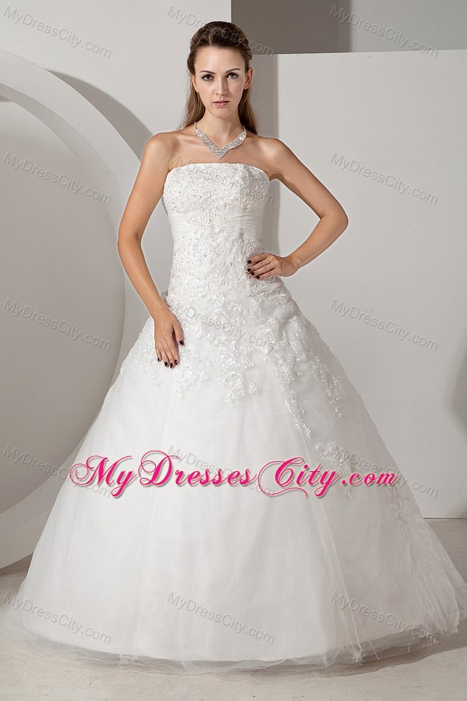 Lovely A-line Strapless Chapel Train Appliques Wedding Dress