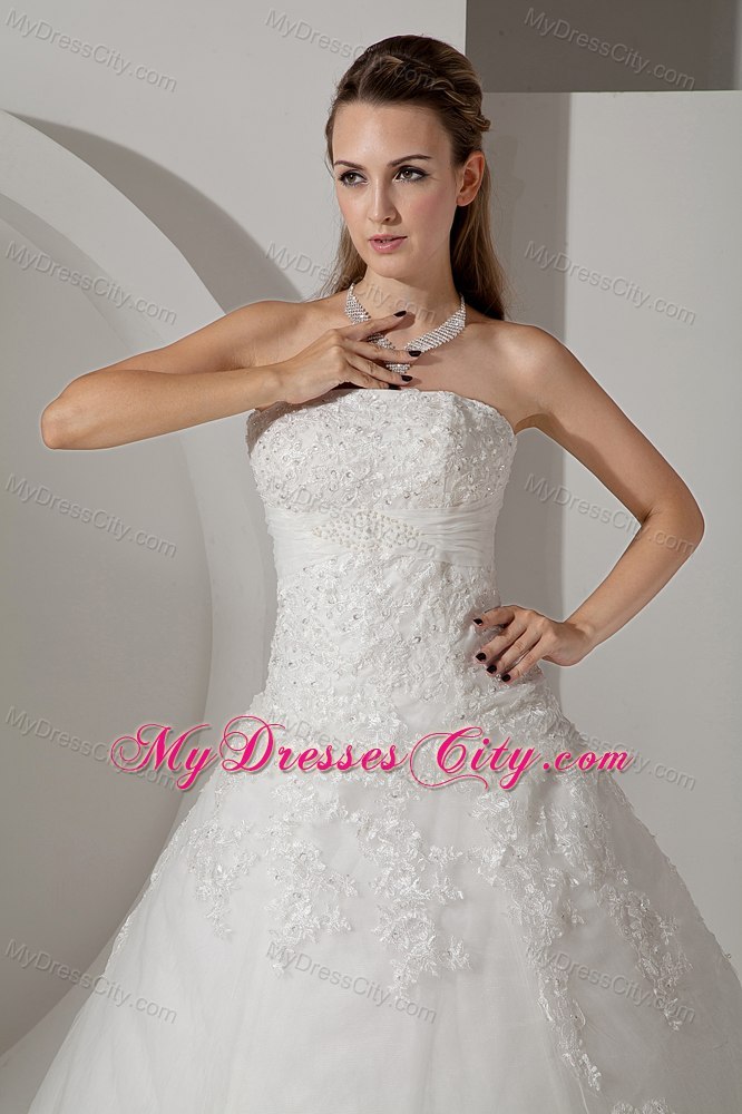 Lovely A-line Strapless Chapel Train Appliques Wedding Dress