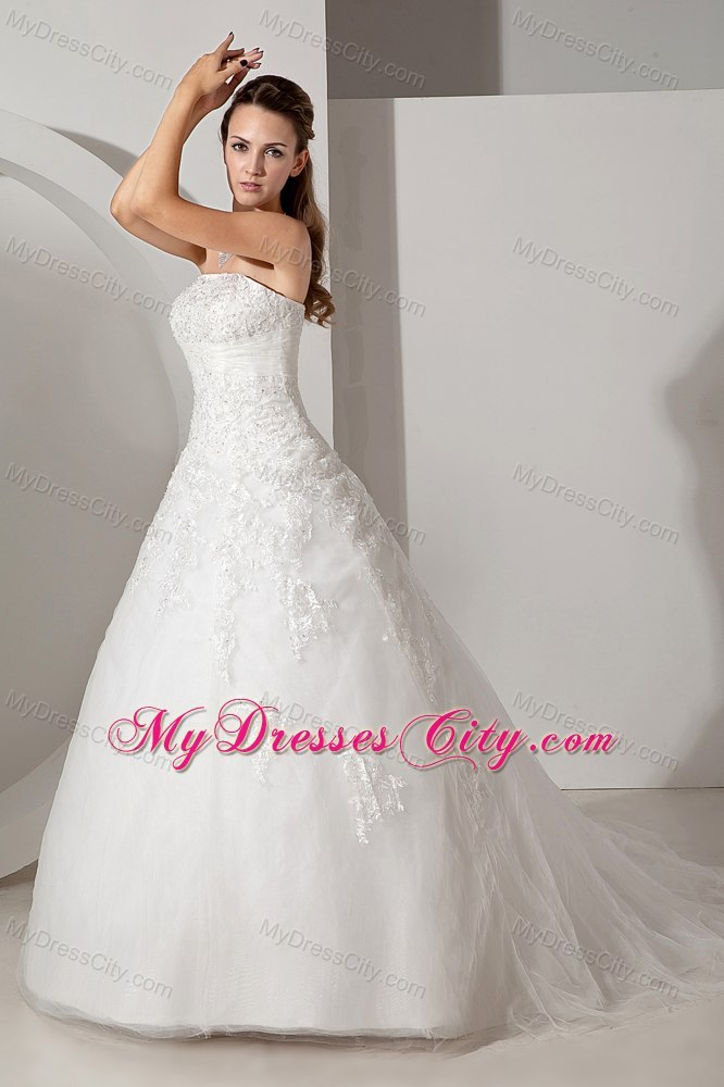 Lovely A-line Strapless Chapel Train Appliques Wedding Dress