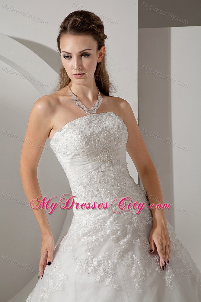 Lovely A-line Strapless Chapel Train Appliques Wedding Dress