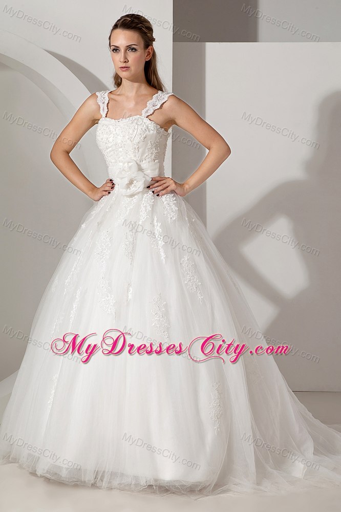 2013 Sweet Appliques A-line Straps Court Train Wedding Dress