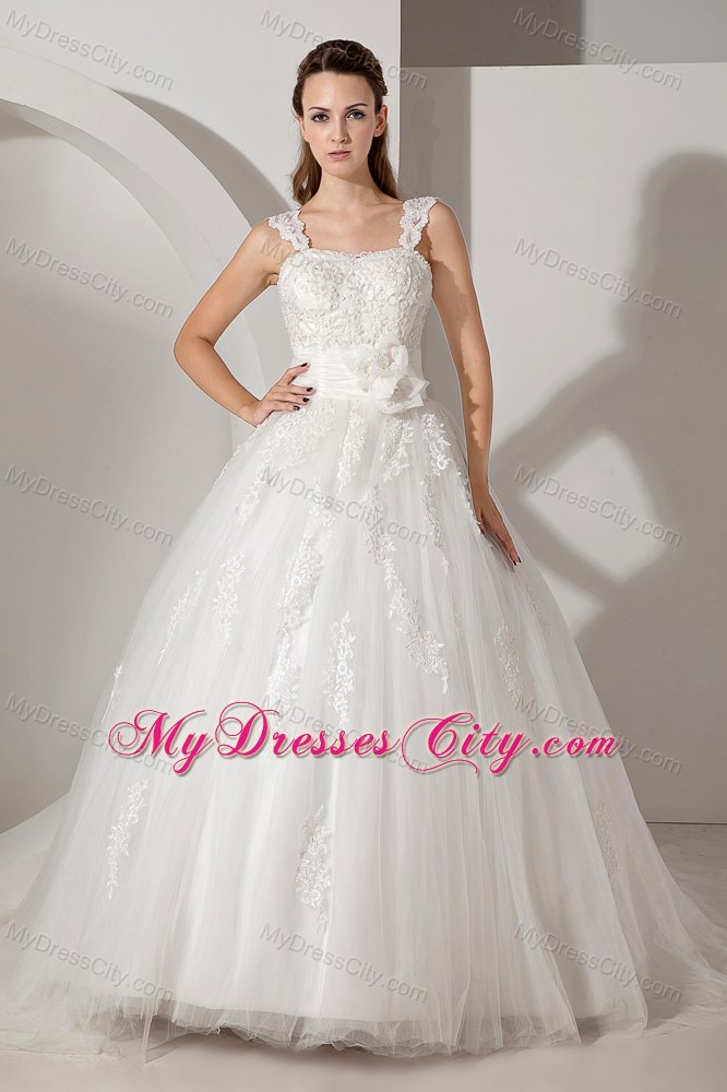 2013 Sweet Appliques A-line Straps Court Train Wedding Dress