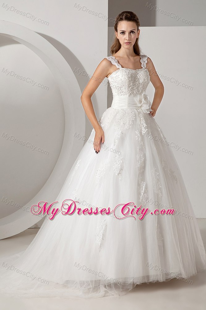 2013 Sweet Appliques A-line Straps Court Train Wedding Dress