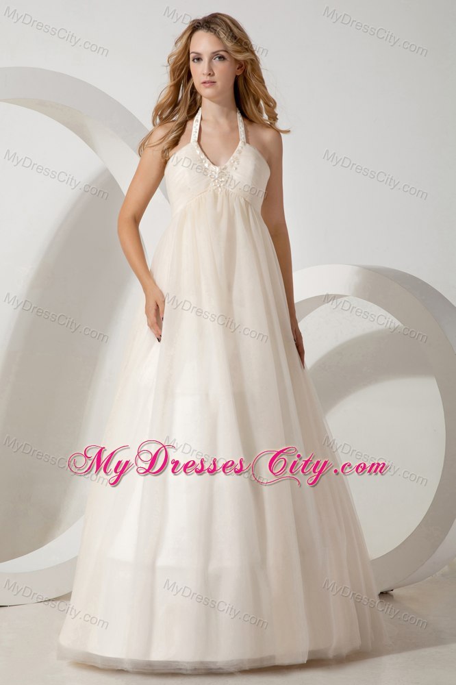 A-line Halter Brush Train Beaded Wedding Dress with Side Zipper