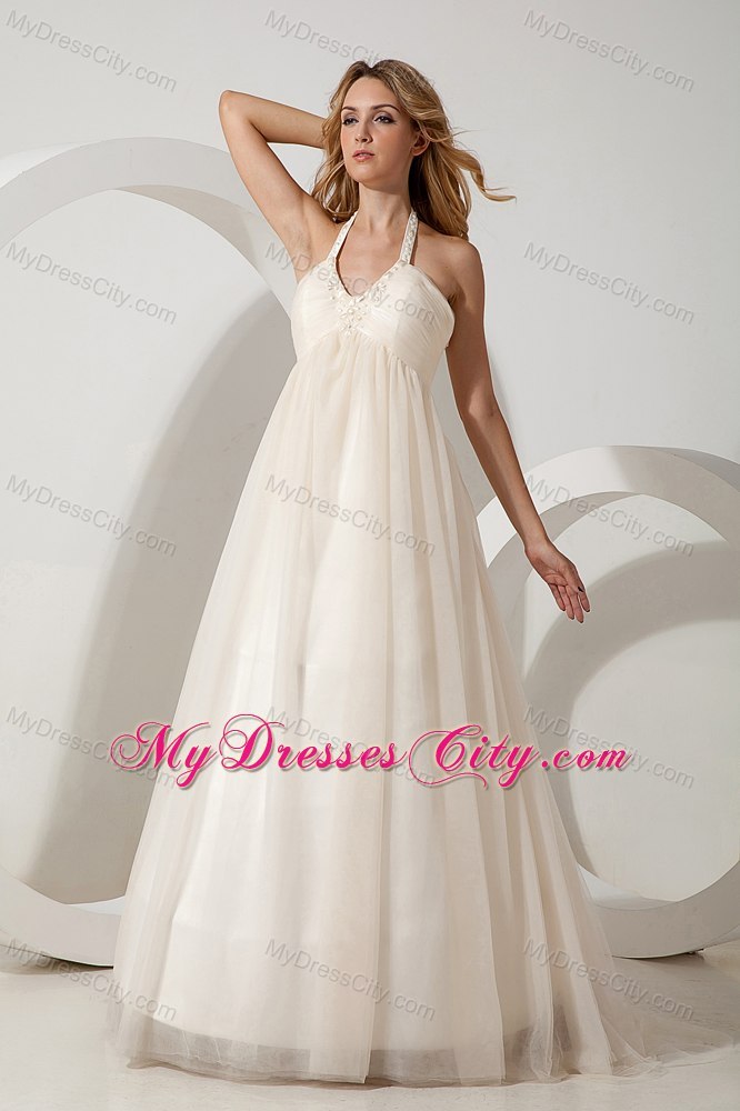 A-line Halter Brush Train Beaded Wedding Dress with Side Zipper