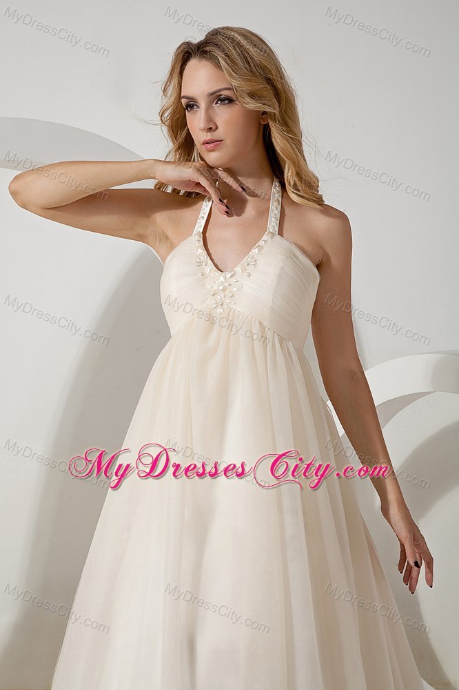 A-line Halter Brush Train Beaded Wedding Dress with Side Zipper