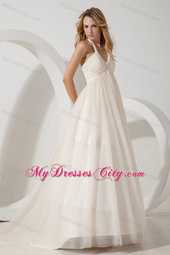 A-line Halter Brush Train Beaded Wedding Dress with Side Zipper