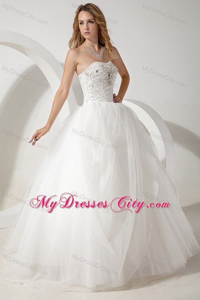 White Ball Gown Strapless Floor-length Beading Wedding Dress