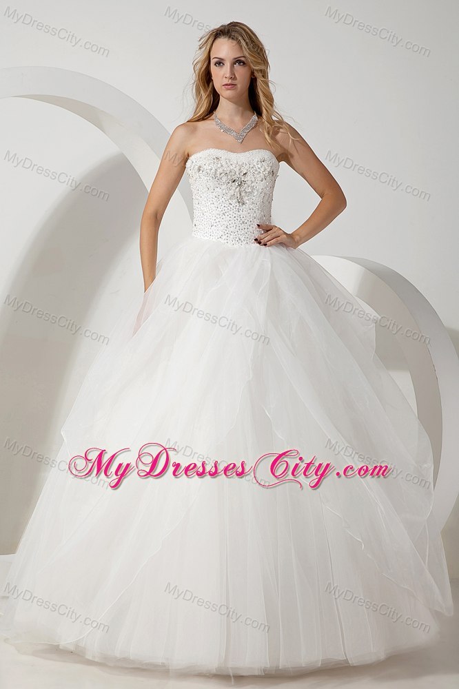 White Ball Gown Strapless Floor-length Beading Wedding Dress