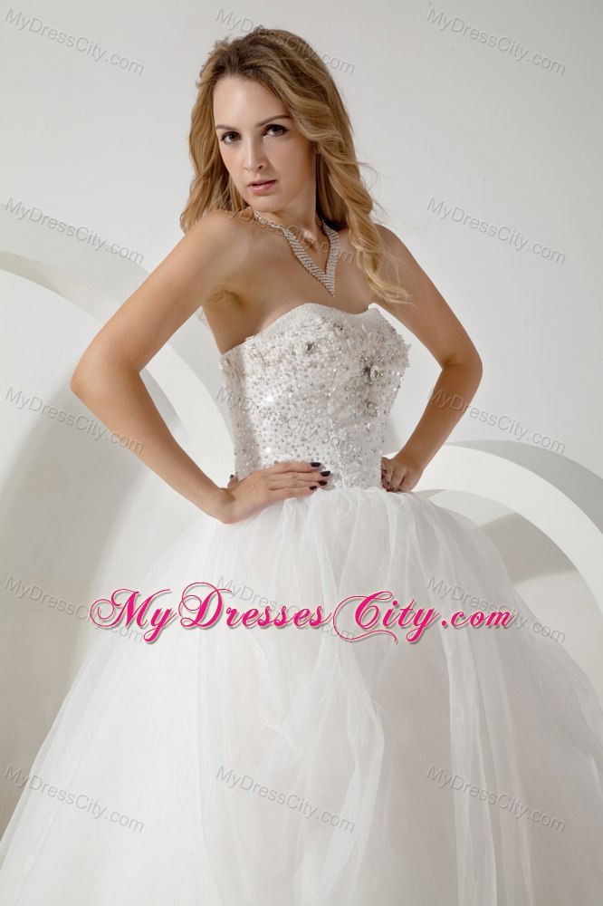 White Ball Gown Strapless Floor-length Beading Wedding Dress