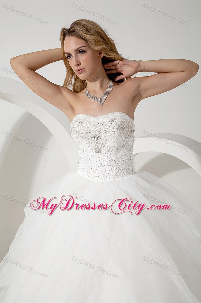 White Ball Gown Strapless Floor-length Beading Wedding Dress