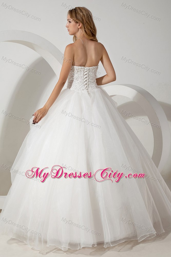 White Ball Gown Strapless Floor-length Beading Wedding Dress