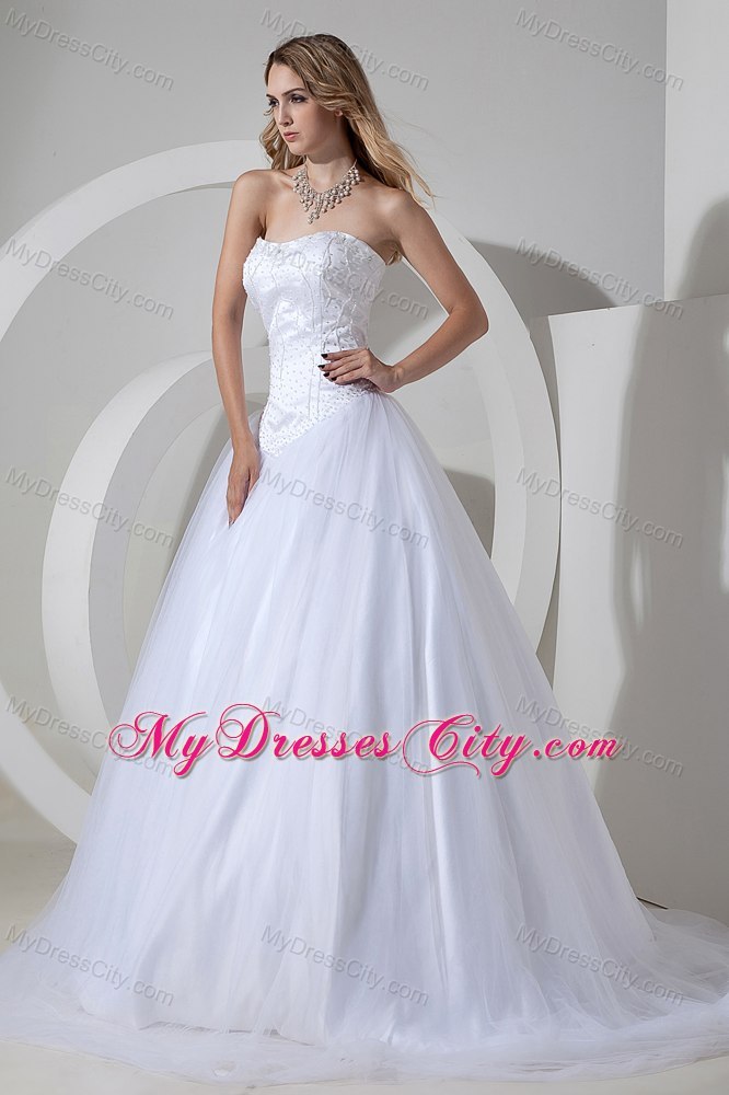 Cheap Tulle Princess Strapless Court Train Beaded Bridal Gown