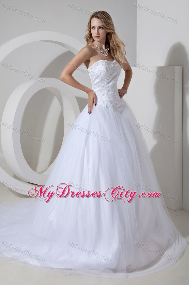 Cheap Tulle Princess Strapless Court Train Beaded Bridal Gown