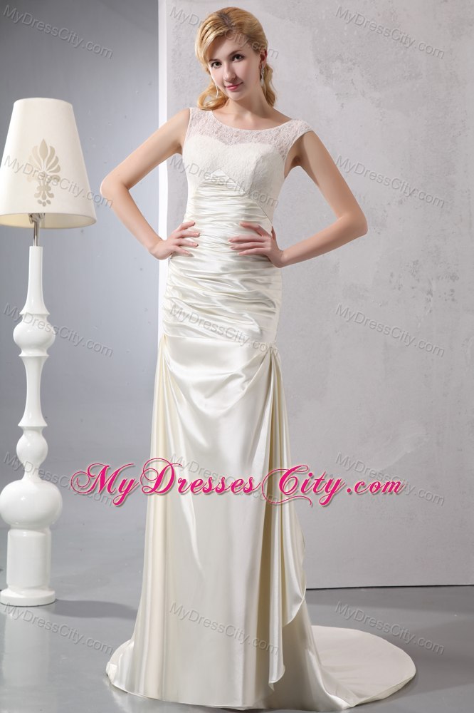 Beautiful Column Court Train Scoop Satin Lace Wedding Dress