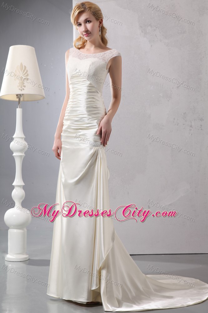 Beautiful Column Court Train Scoop Satin Lace Wedding Dress