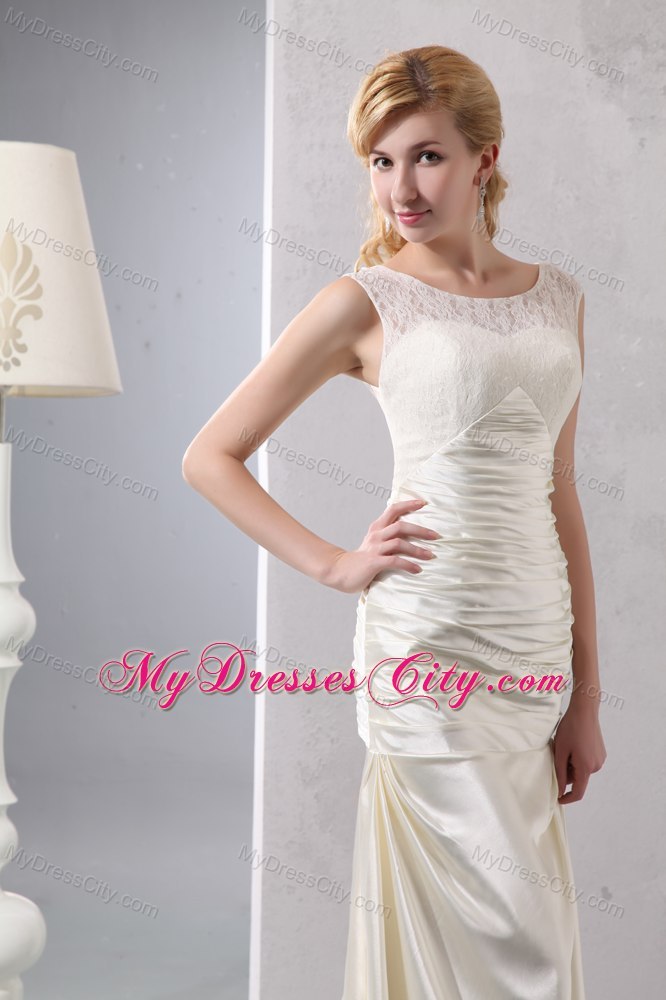 Beautiful Column Court Train Scoop Satin Lace Wedding Dress