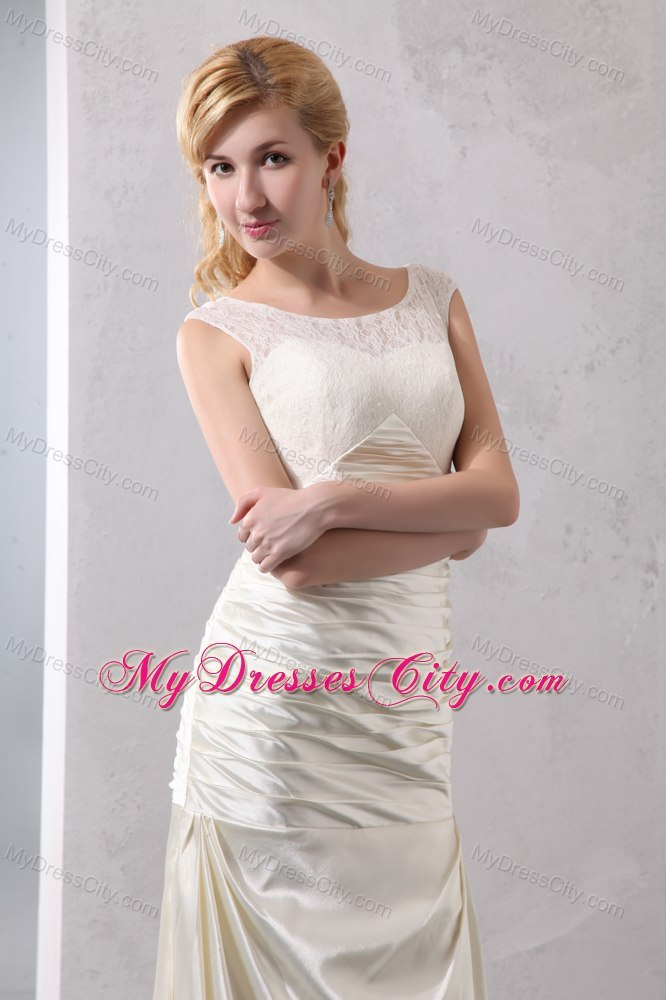 Beautiful Column Court Train Scoop Satin Lace Wedding Dress