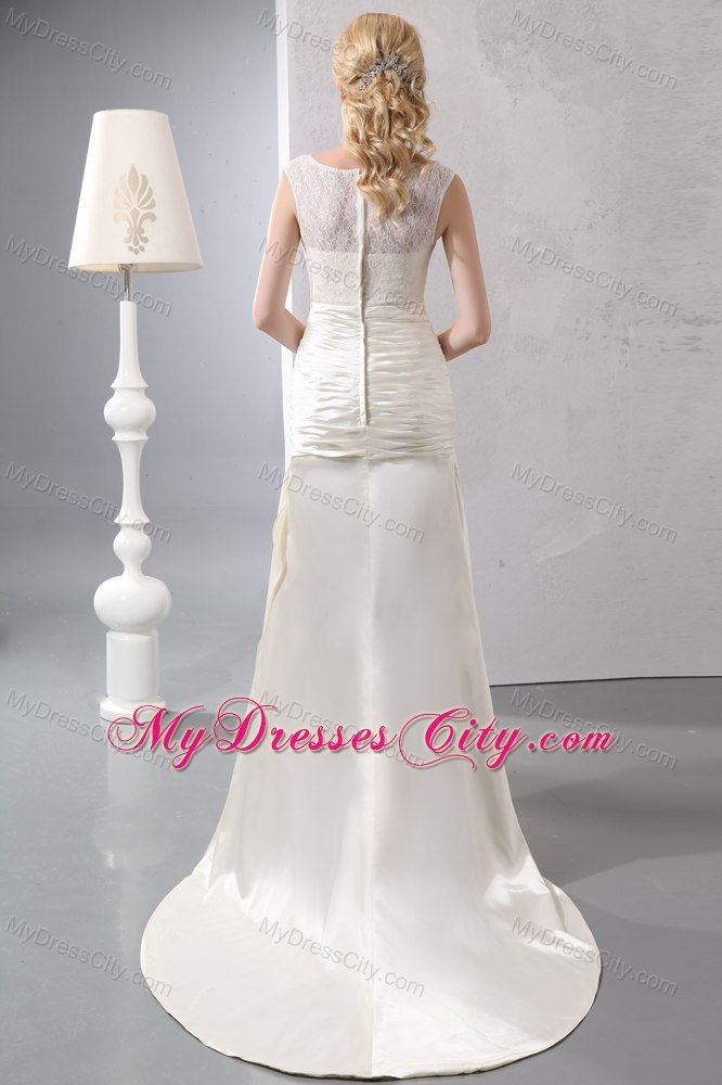 Beautiful Column Court Train Scoop Satin Lace Wedding Dress