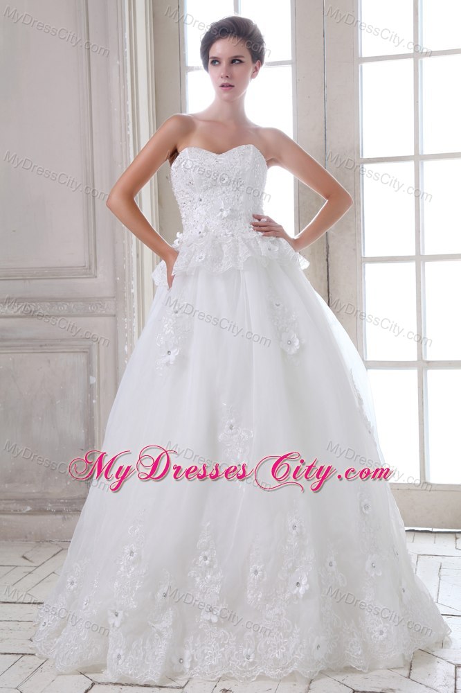 A-line Brush Train Tulle Beading and Appliques Wedding Dress