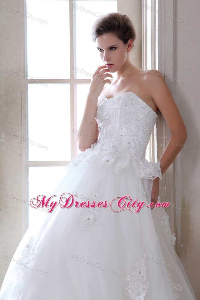 A-line Brush Train Tulle Beading and Appliques Wedding Dress