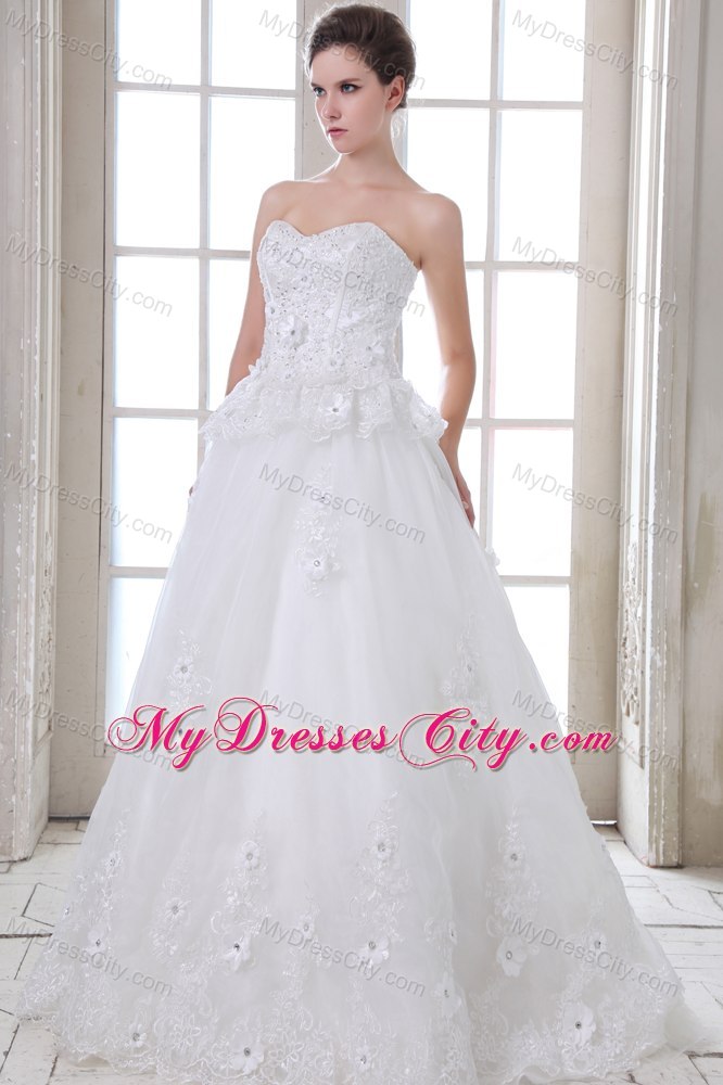 A-line Brush Train Tulle Beading and Appliques Wedding Dress