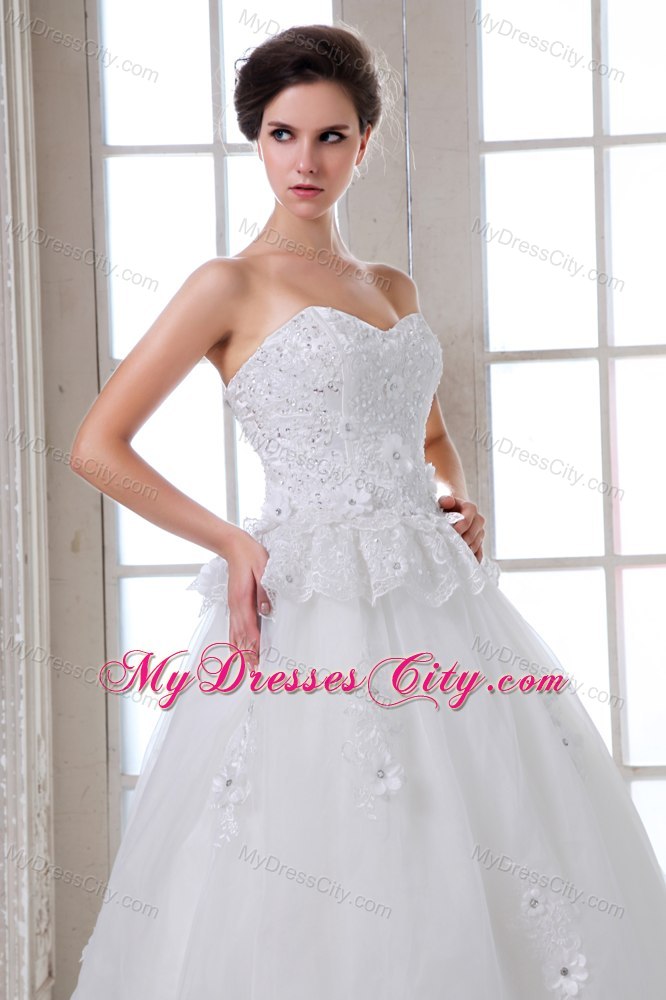 A-line Brush Train Tulle Beading and Appliques Wedding Dress