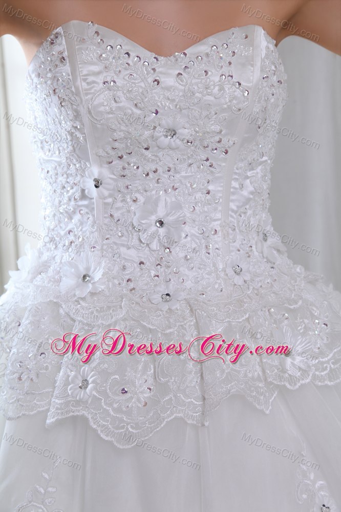 A-line Brush Train Tulle Beading and Appliques Wedding Dress