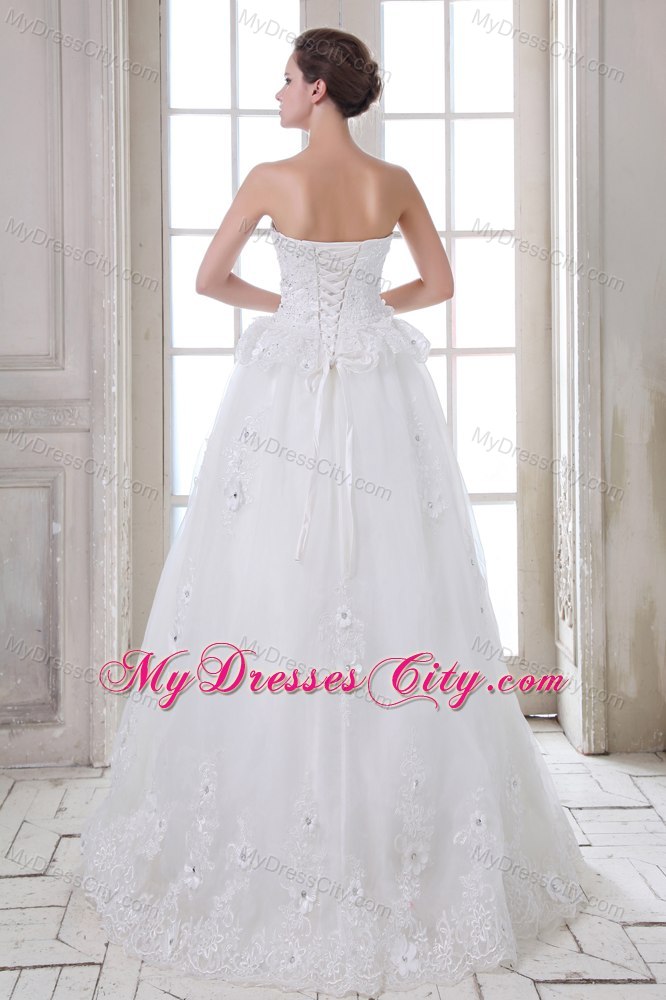 A-line Brush Train Tulle Beading and Appliques Wedding Dress