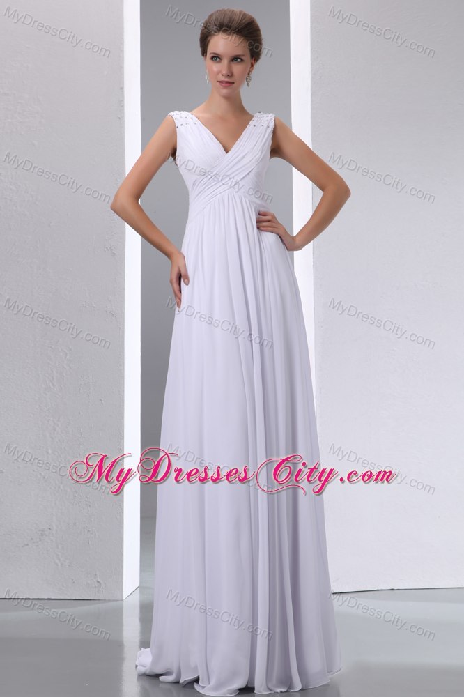 V-neck Floor-length Chiffon Ruching Maternity Wedding Dress