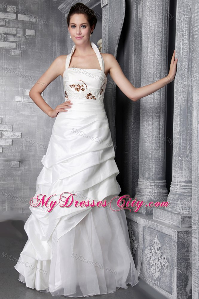 Beaded A-Line Floor-length Taffeta Wedding Dress with Halter