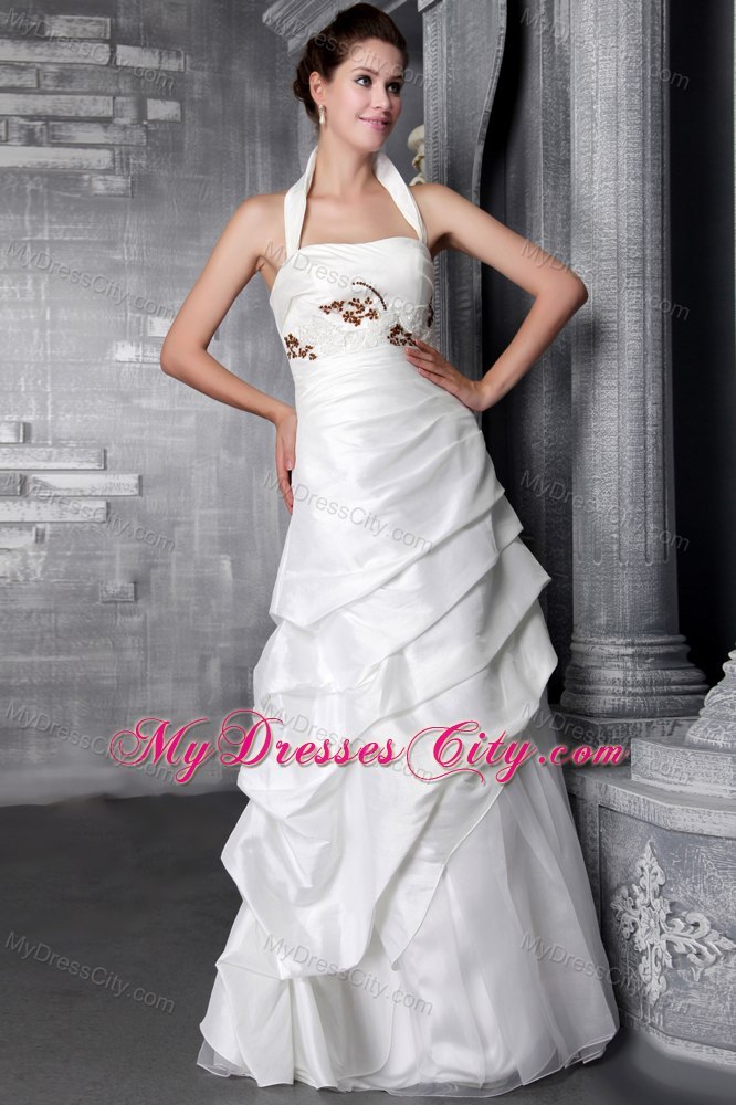 Beaded A-Line Floor-length Taffeta Wedding Dress with Halter