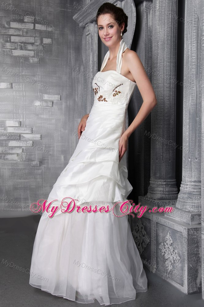 Beaded A-Line Floor-length Taffeta Wedding Dress with Halter