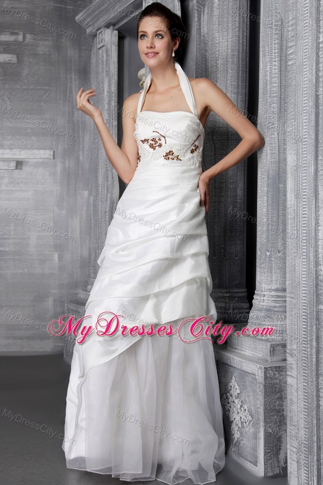 Beaded A-Line Floor-length Taffeta Wedding Dress with Halter