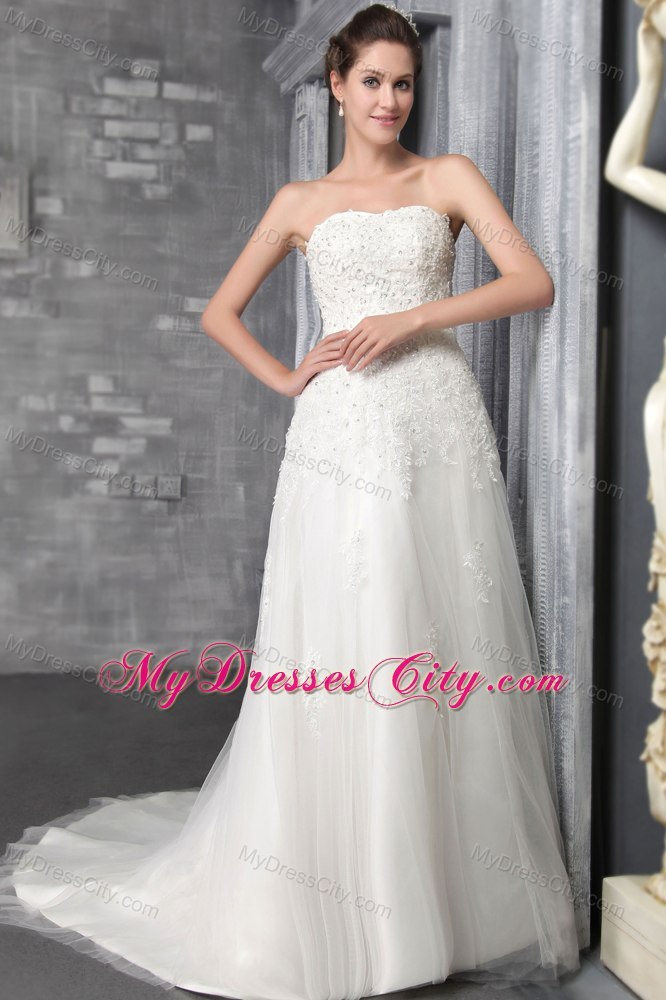 Appliques Strapless Court Train Tulle and Lace Bridal Dress