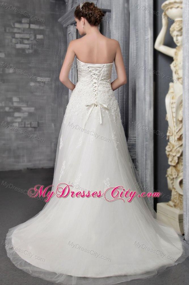 Appliques Strapless Court Train Tulle and Lace Bridal Dress