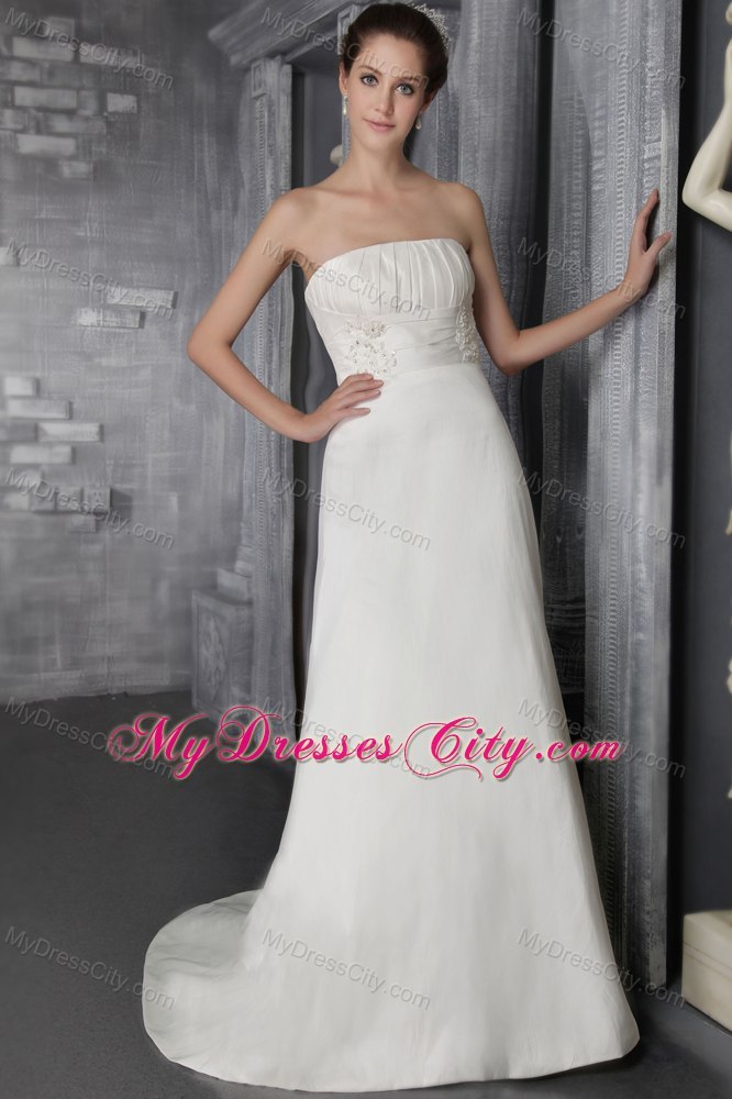 Appliques Empire Strapless Taffeta Wedding Dress with Brush Train