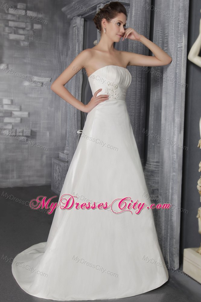 Appliques Empire Strapless Taffeta Wedding Dress with Brush Train