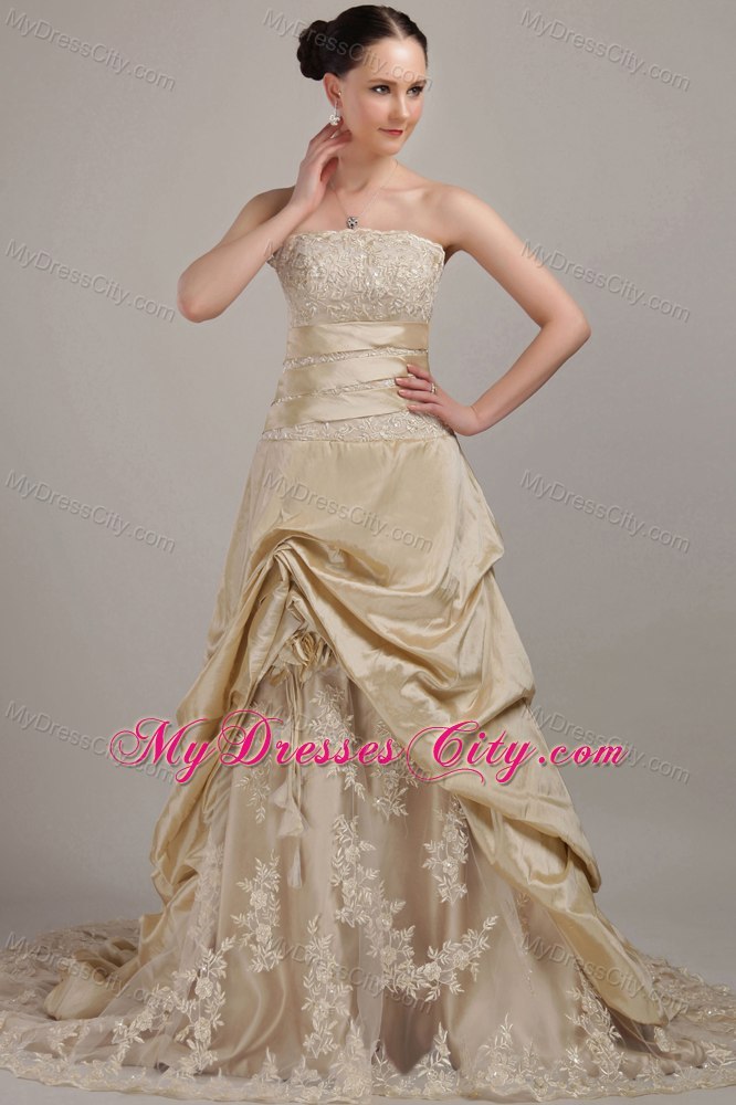 Champagne Strapless Court Train Taffeta and Lace Bridal Dress